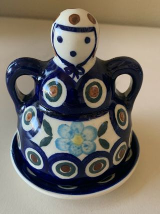 Boleslawiec Polish Pottery 4” Cheese/butter Dish Lady “peacock Leaves”