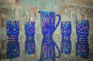 Weishar Moon & Star Childs Mini 5 Piece Water Set In Cobalt Blue Carnival Glass