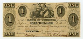 1862 $1 The Bank Of Virginia Note - Civil War Era (richmond Branch)