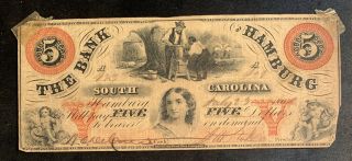 1866 Bank Of Hamburg,  South Carolina Five Dollar Obsolete Note