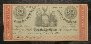 York 1862 25 Cents Obsolete Currency Farmers & Mechanics Bank Rochester Cu