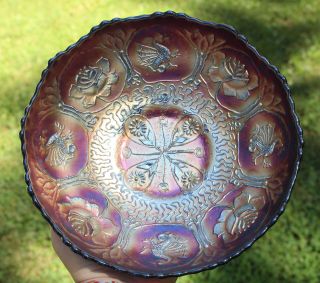 Antique Fenton Carnival Glass Dragon & Lotus Blue Iridescent Footed Bowl Nr