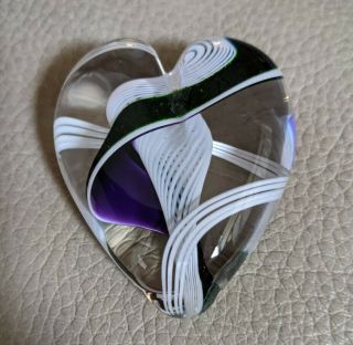 Glass Heart Paperweight W/purple,  White And Green Ribbons