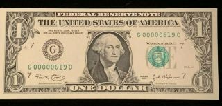 1 Dollar Bill Rare 2003 - Chicago Frb - Unc - Very Low Serial Number With 5 0’s