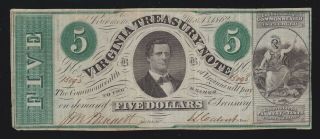 Us $5 1862 Virginia Treasury Note Obsolete Currency Vf - Xf (098)