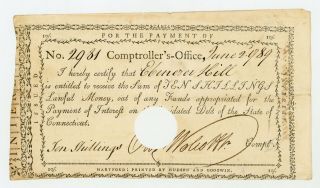 1789 Oliver Wolcott Jr,  Comptroller - Connecticut Interest Certificate