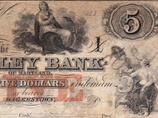 Scarce Issued 1856 $5 Hagerstown,  Md Valley Bank Obsolete