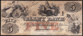 SCARCE Issued 1856 $5 HAGERSTOWN,  MD Valley Bank Obsolete 2