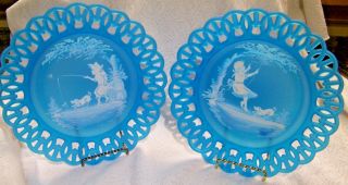 Vintage 2 Mary Gregory Blue Satin Hand Painted Plates