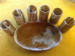 Set Of Six Agate Shot Glasses And Tray