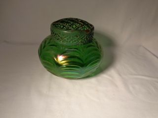 2 Pc Loetz Art Nouveau Green Iridescent Reverse Drape Optic Flower Vase - Nr