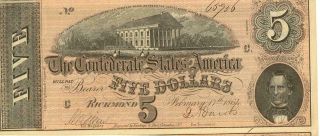 Civil War $5 Dollars Confederate Currency Banknote 1864 Xf/au
