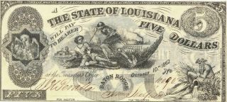 State Of Louisiana $5 Dollars Obsolete Currency Banknote 1862 Au