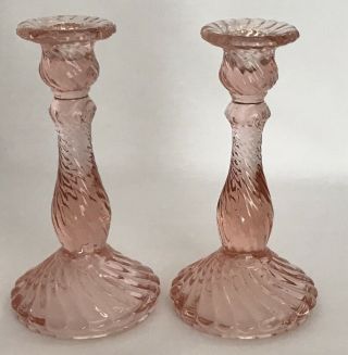 Vintage Set 2 - Fostoria Pink Colony Glass Swirl Candlestick Holders - 7 "