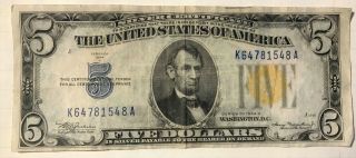 1934 - A North Africa Yellow Seal $5 Silver Certificate Note Circulated Vf