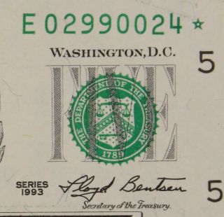 $5 1993 Gem Cu Star Federal Reserve Note E02990024 Five Dollar,