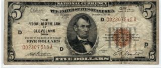 Series 1929 Five Dollars $5 Federal Reserve Bank Cleveland National Currency