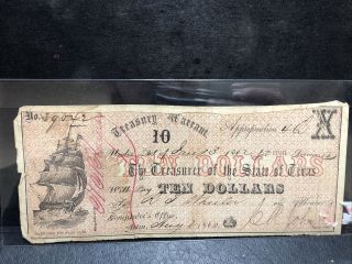 1862 $10 Austin Texas Treasury Warrant -