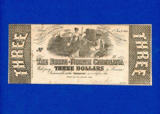 1863 $3 State Of North Carolina Rare Civil War Note