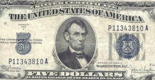 1934c $5 Blue Seal Silver Certificate Old Us Paper Money Currency