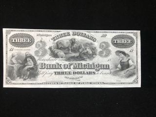 Bank Of Michigan - Three Dollars - Bright Banknote - Vintage Historical
