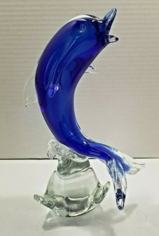 Murano (?) Art Glass Cobalt Blue Hand Blown Dolphin Figurine 11 " Tall Italy (?)