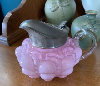 Eapg Consolidated Lamp & Glass Guttate Cased Pink Squat Syrup Pitcher 1880s