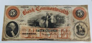 1861 Bank Of Commonwealth Richmond Virginia $5 Bill Note