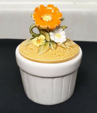 Unique Vintage Sugar Bowl With Applied Orange Yellow White Flowers On Lid