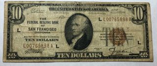 1929 $10 National Currency Frb San Francisco Vg - F (noholes,  Tears,  Ink) L00765898a