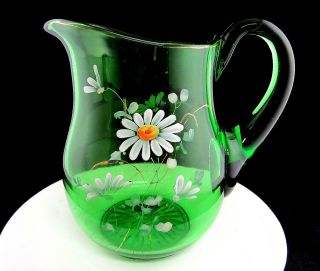 Victorian Green Glass Enameled White Daisies Heavy 7 5/8 " Gold Rimmed Pitcher