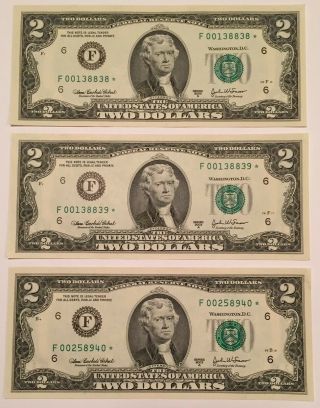 3x 2003 - A Two Dollar $2 Bill Star Notes Consecutive Atlanta Series 2003 A