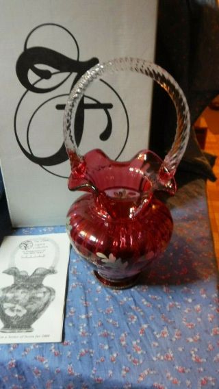 Fenton Glass Legacy Hand Painted Cranberry Rib Optic Basket W/box 10 1/2 " High
