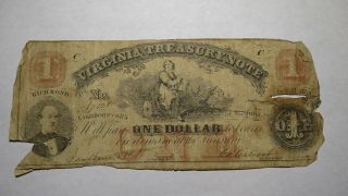 $1 1862 Richmond Virginia Va Obsolete Currency Treasury Bank Note Bill Rare