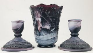 3 Pc.  Vintage Signed Imperial Glass Purple Slag Vase & Candle Holders Amethyst
