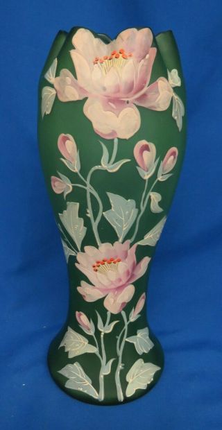 Large 12 1/4 " Frosted Green Victorian Painted Hand Blown Glass Vase