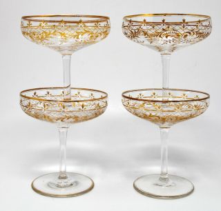 Vintage Set Of 4 Moser Style Etched & Gold Decorated Champagne/sherberts