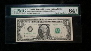 1988 A One Dollar Pmg Choice Unc 64 Epq Atlanta Stuck Digit Error Note $1 Bill