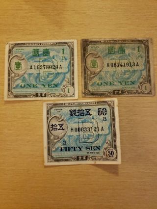 Wwii Occupied Japan 50 Sen & 1 Yen Military Currency Series 100 (qty 3)