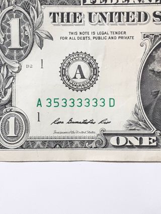 2013 $1 Frn Fancy Binary Serial Number Near Solid 35333333 / 99.  47 Rating
