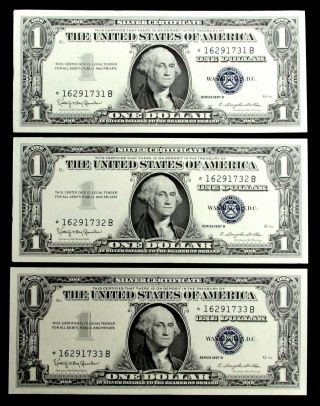 1957 B $1 Star Silver Certificate 3 Consecutive Notes Blue Seal Fr 1621 Cu