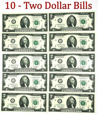(10) Us Uncirculated $2 Bills Consecutive Serial Numbers - 2017 A Series