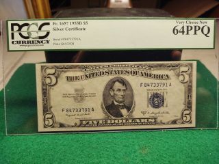 1953 B $5 Silver Certificate Pcgs 64 Ppq Fr1657 Paper Money Note