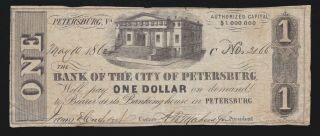 Us $1 1862 Bank Of The City Of Petersburg Virginia Obsolete Currency Note Vf