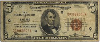 1929 $5 The Federal Reserve Bank Of Chicago,  Il $5 - Circulated -