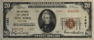 1929 $20 The National City Bank Of York,  Ny Ch 1461 Note $20 - -