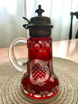 Vintage Egermann Bohemian Czech Ruby Red Etched Crystal Glass Syrup Pitcher