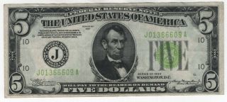 1934 $5 Federal Reserve Note Kansas City Fr.  1955 - J Lgs Choice Very Fine (609a)
