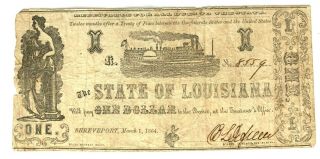 Civil War Confederate State Of Louisiana $1 Note 1864