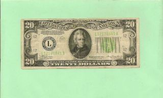 N1s.  1934 $20 L 1217 0841 A.  1934 $20 L - A Light Green Seal.  Frn